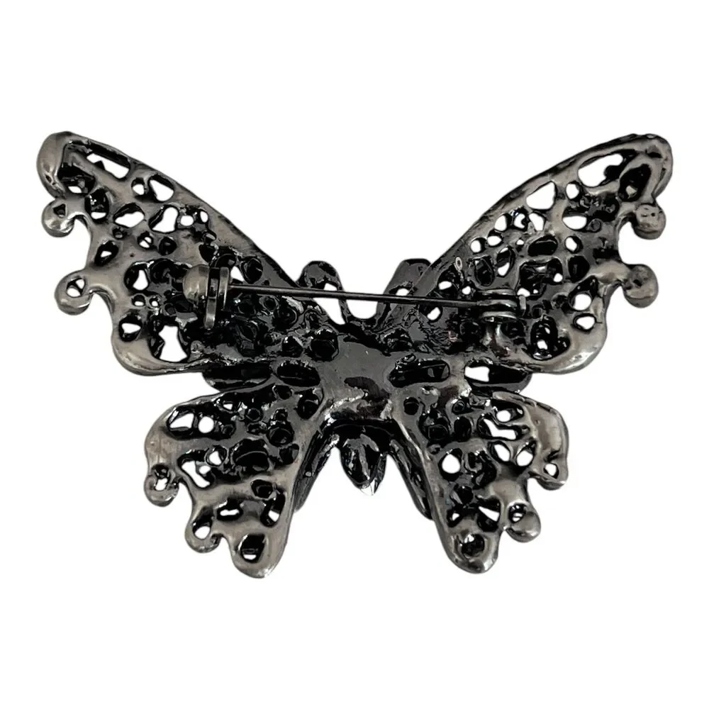 Vintage 1960s Butterfly Brooch Aurora Borealis Rhinestone Silver Tone Pin - 8T